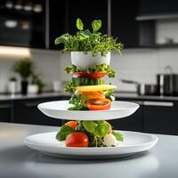 A stack of plates with a salad on top photo
