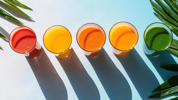 Five different colored juices in glasses on a blue background photo