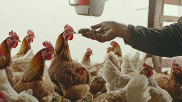 A person feeding food to chickens in a barn photo