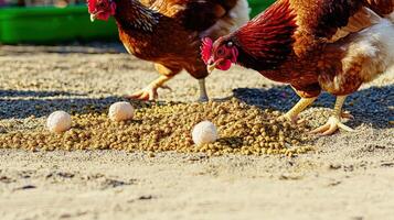 Two chickens are standing next to each other photo
