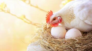 A white chicken is sitting in a nest with two eggs photo