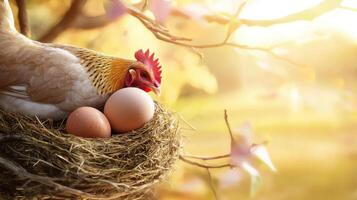 Chicken and eggs in nest on sunny day photo
