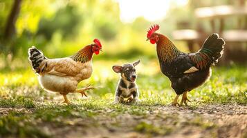 Two chickens and a dog are standing in the grass photo