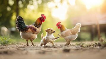 A puppy and two chickens standing on a dirt road photo