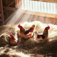 Three chickens in a barn photo