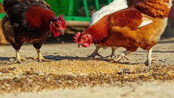 Two chickens are eating corn on the ground photo