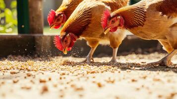 Three chickens eating from a feeder photo