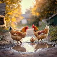 Three chickens walking in a puddle photo
