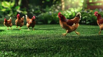 A group of chickens walking on grass in the sun photo