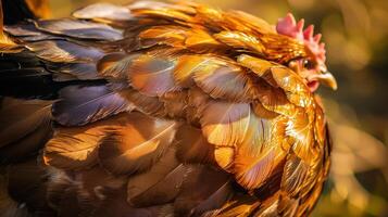 A close up of a chicken with feathers on its back photo