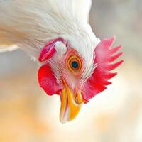 A close up of a white chicken with red feathers photo