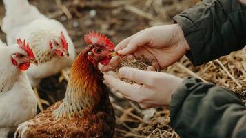 A person feeding a chicken with hay photo