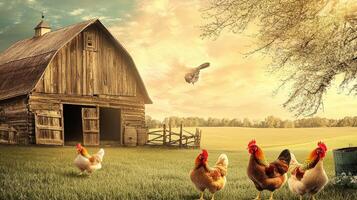 A barn with chickens and a bird flying over it photo
