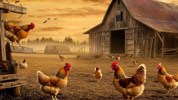 A group of chickens walking around a barn photo