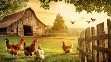 Chickens walking in front of a barn and a fence photo