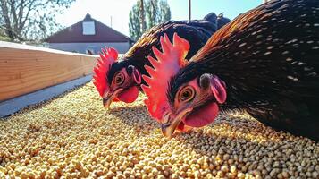 Two chickens eating grains photo