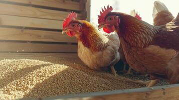 Chickens in a barn eating grain photo
