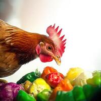 A chicken is eating some vegetables photo