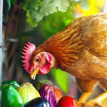 A chicken is standing next to a bunch of colorful eggs photo