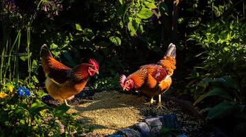 Two chickens are standing on a rock in a garden photo