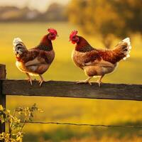 Two chickens are standing on a fence photo