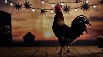Rooster in a barn at sunset photo