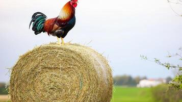 Rooster on hay bale photo