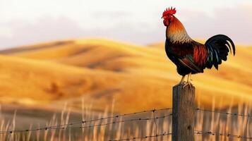 A rooster standing on a fence post in a field photo