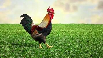 Rooster walking on grass in field photo