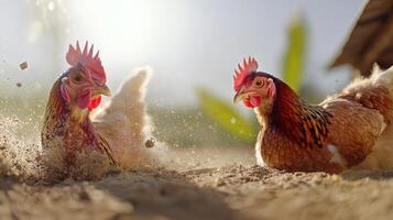 Two chickens are standing in the sand photo
