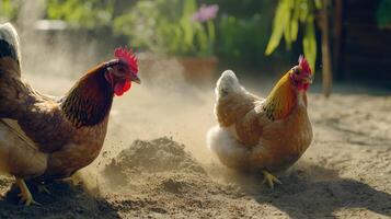 Two chickens running around in the dirt photo