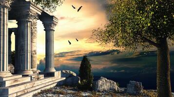 Ancient greek temple with columns and trees photo