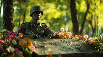 A statue of a soldier sitting in a flower bed photo