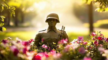 A statue of a soldier is surrounded by flowers photo