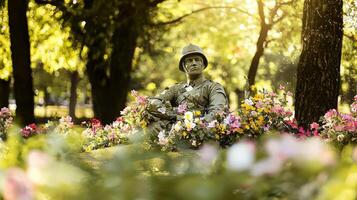 A statue of a man sitting in a field of flowers photo