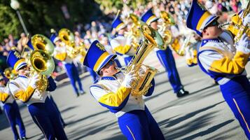 A marching band in blue and yellow uniforms photo