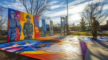 A mural of soldiers is painted on the ground photo