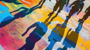 A group of people walking on a colorful painted surface photo