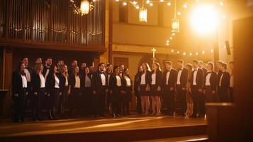 Choir singing in church with light shining on them photo