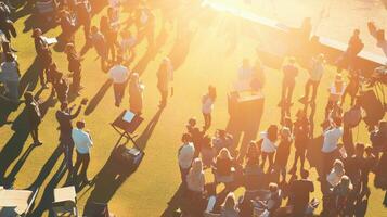 A crowd of people standing on a grassy area photo