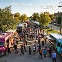 A large group of people standing around a food truck photo