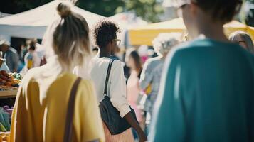 People walking through a market with yellow tents photo