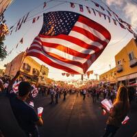A man holding an american flag in a street photo