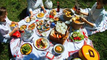 A group of people sitting around a picnic table with food photo
