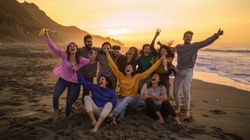 Group of friends having fun on the beach at sunset photo