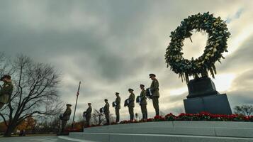 A group of soldiers stand in front of a wreath photo