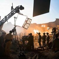A group of people standing around a camera on a desert set photo