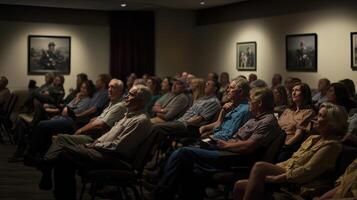 A large crowd of people in a room watching a presentation photo