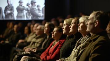 A group of people sitting in a theater watching a movie photo