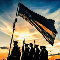 Military men standing in front of a black flag photo